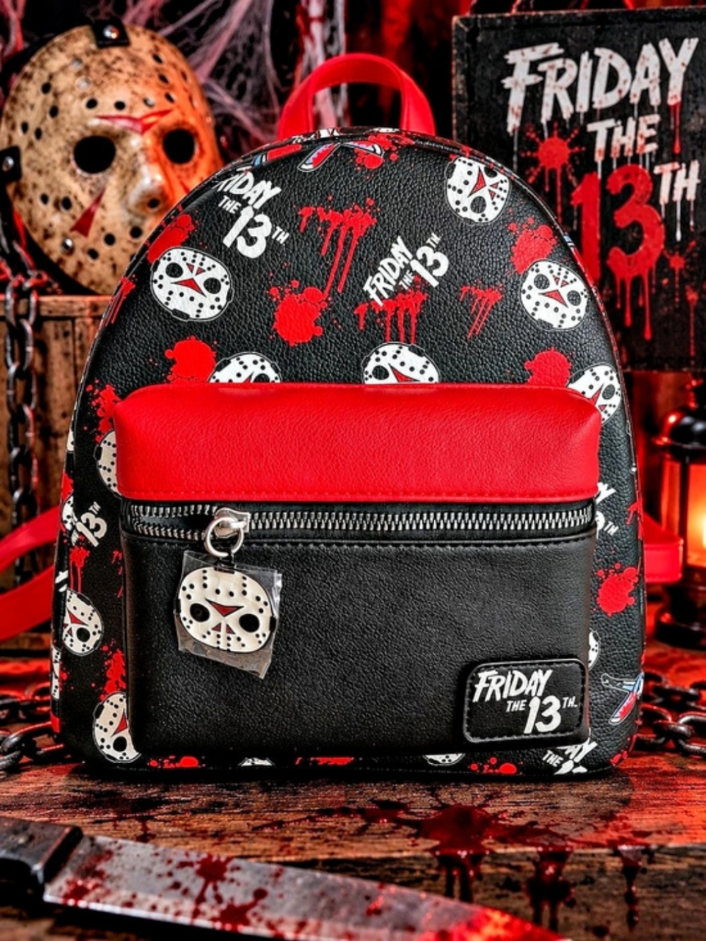 Loungefly Friday the 13th Jason Mask Mini Backpack, Black & Red